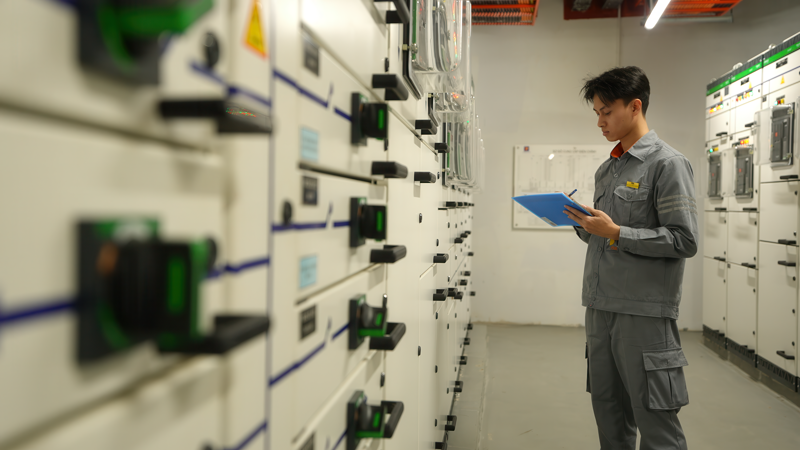 Nhân viên kỹ thuật PSA đang checklist tại phòng điện hạ thế trong một tòa nhà